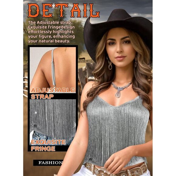 Women's Silver Fringe Tank Top Western Festival Clothing Cowgirl V Neck Outfits - Picture 3 of 6